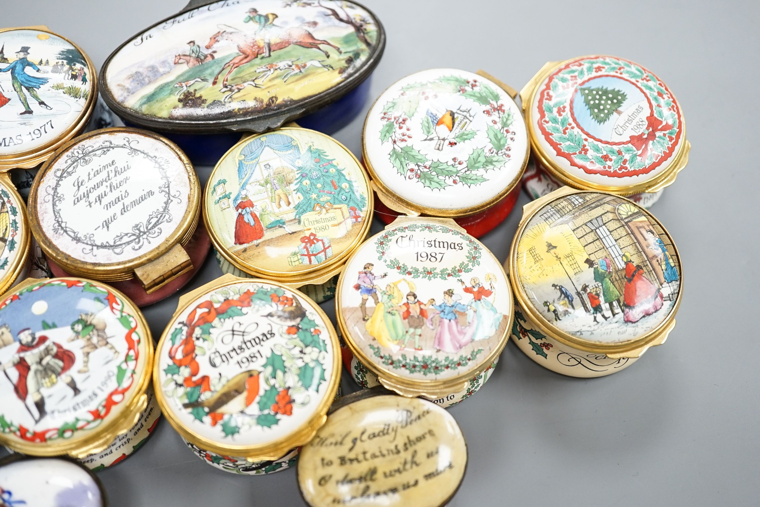 A collection of enamel patch boxes including Halcyon Days